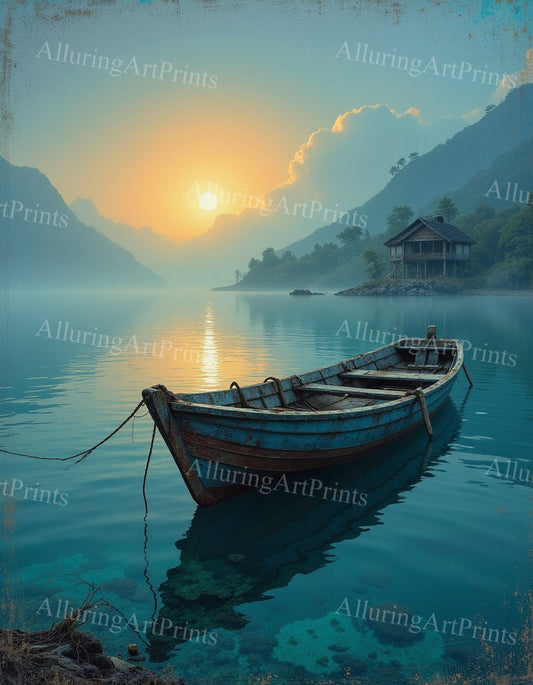 Landscape Digital Art Print Lake Artwork Boat Sunrise - UU988