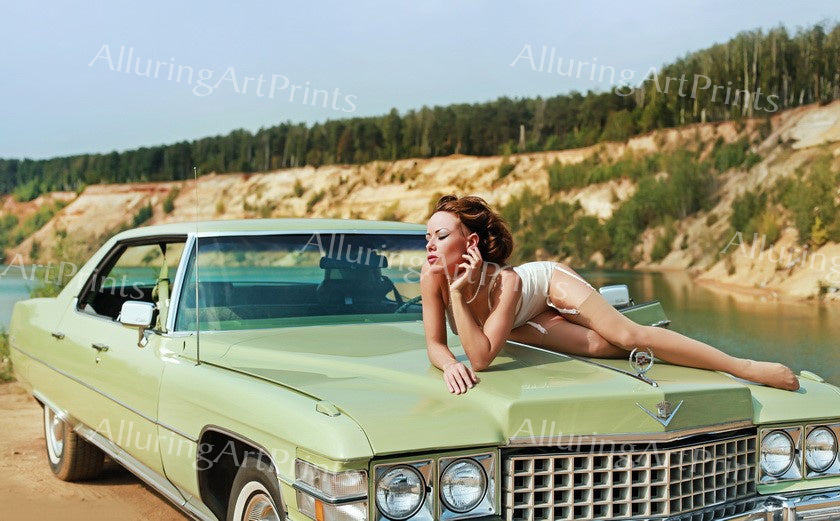 Risque Print Brunette Model Pretty Woman Busty boobs retro car art Pinup B759