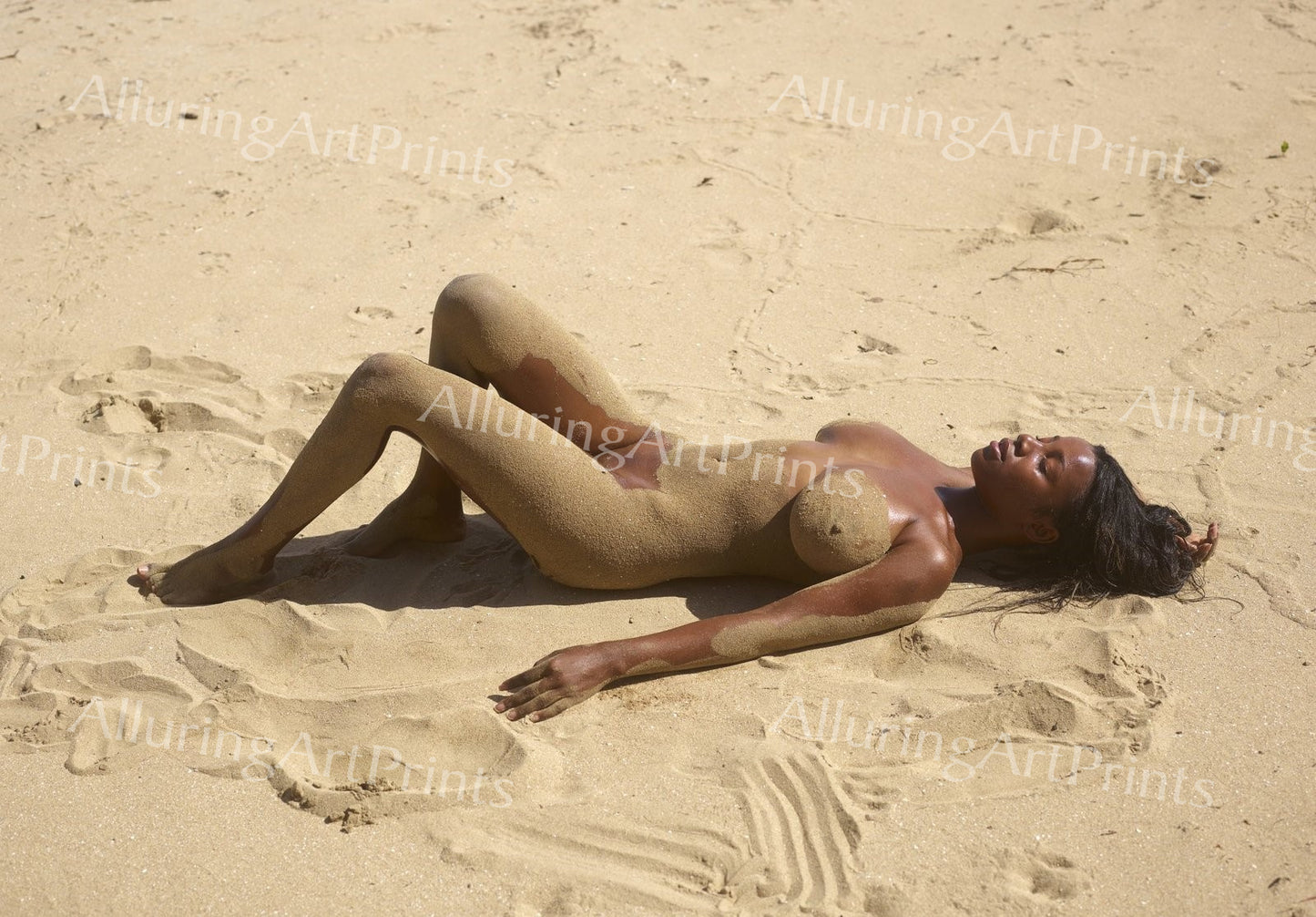 Nude Print Black Model Pretty Woman Petite Busty Boobs Butt Beach Sand Hot H43